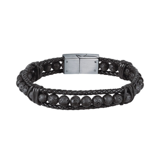 sector bandy bracelet black leather & lava stone 22.5cm
