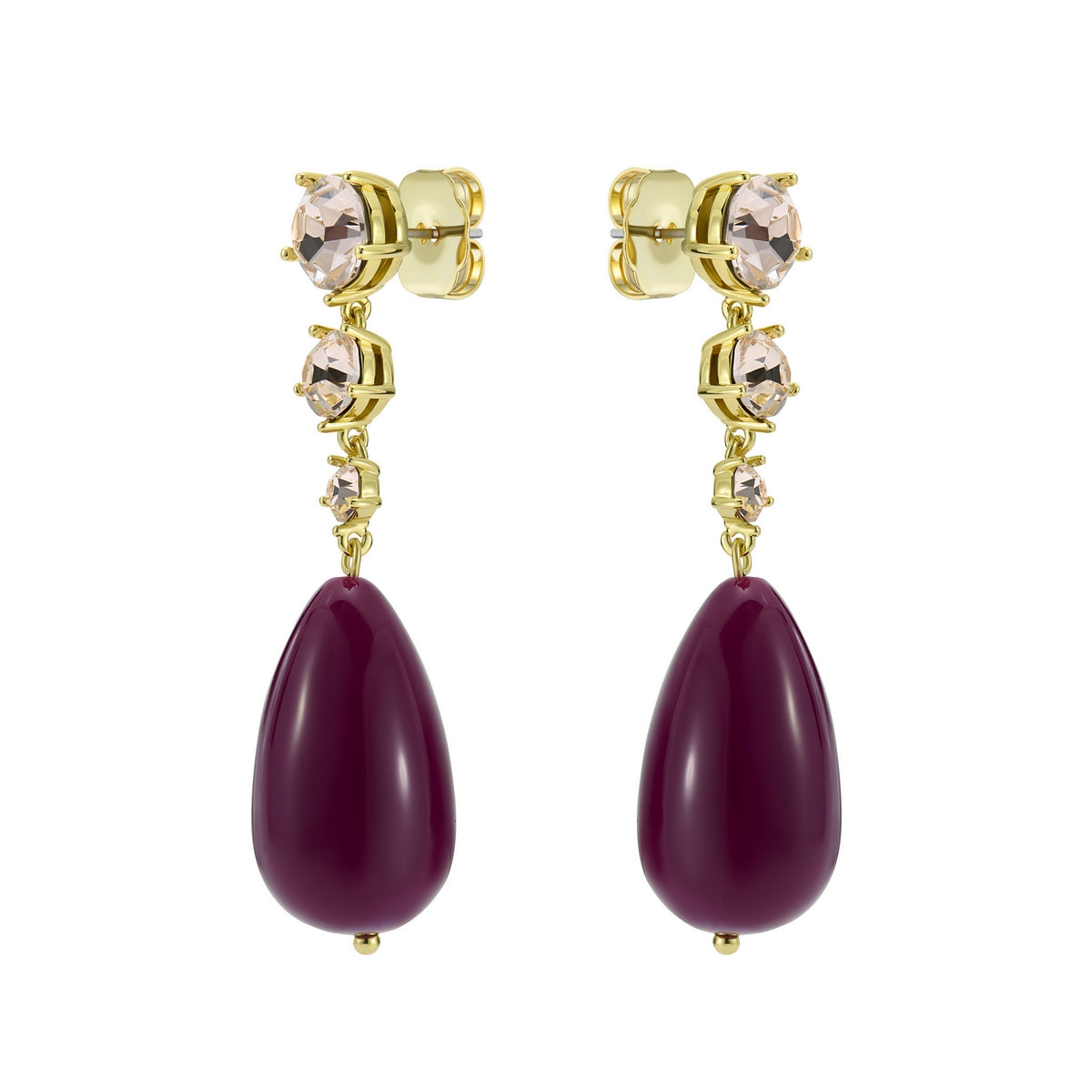 pearsti: statement crystal bead drop earrings gold tone plum golden crystal
