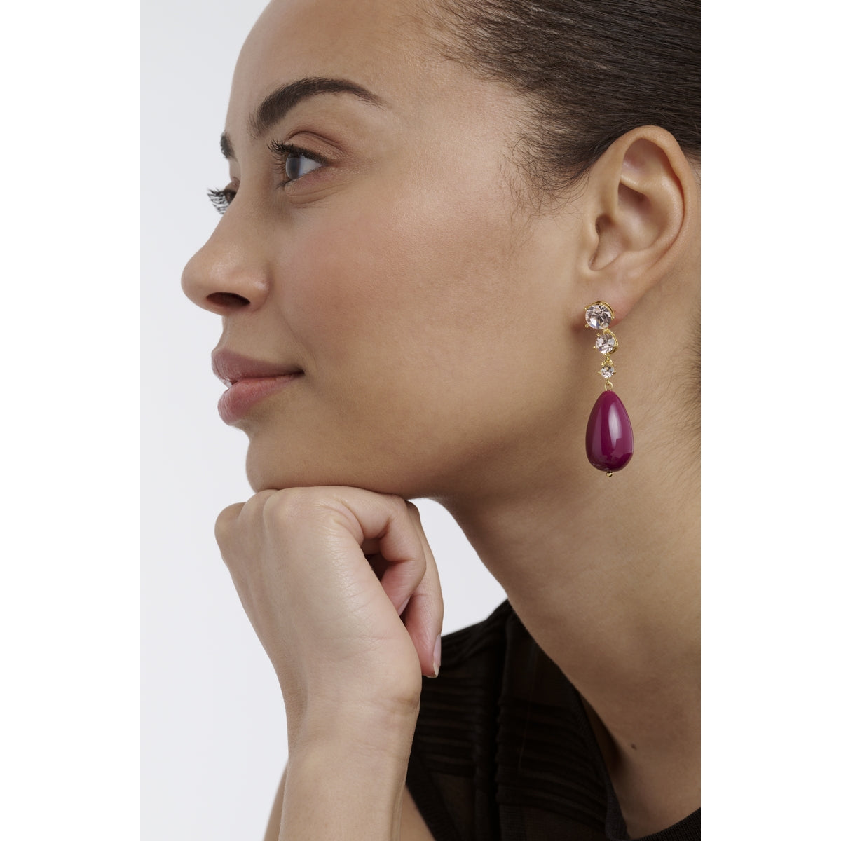 pearsti: statement crystal bead drop earrings gold tone plum golden crystal