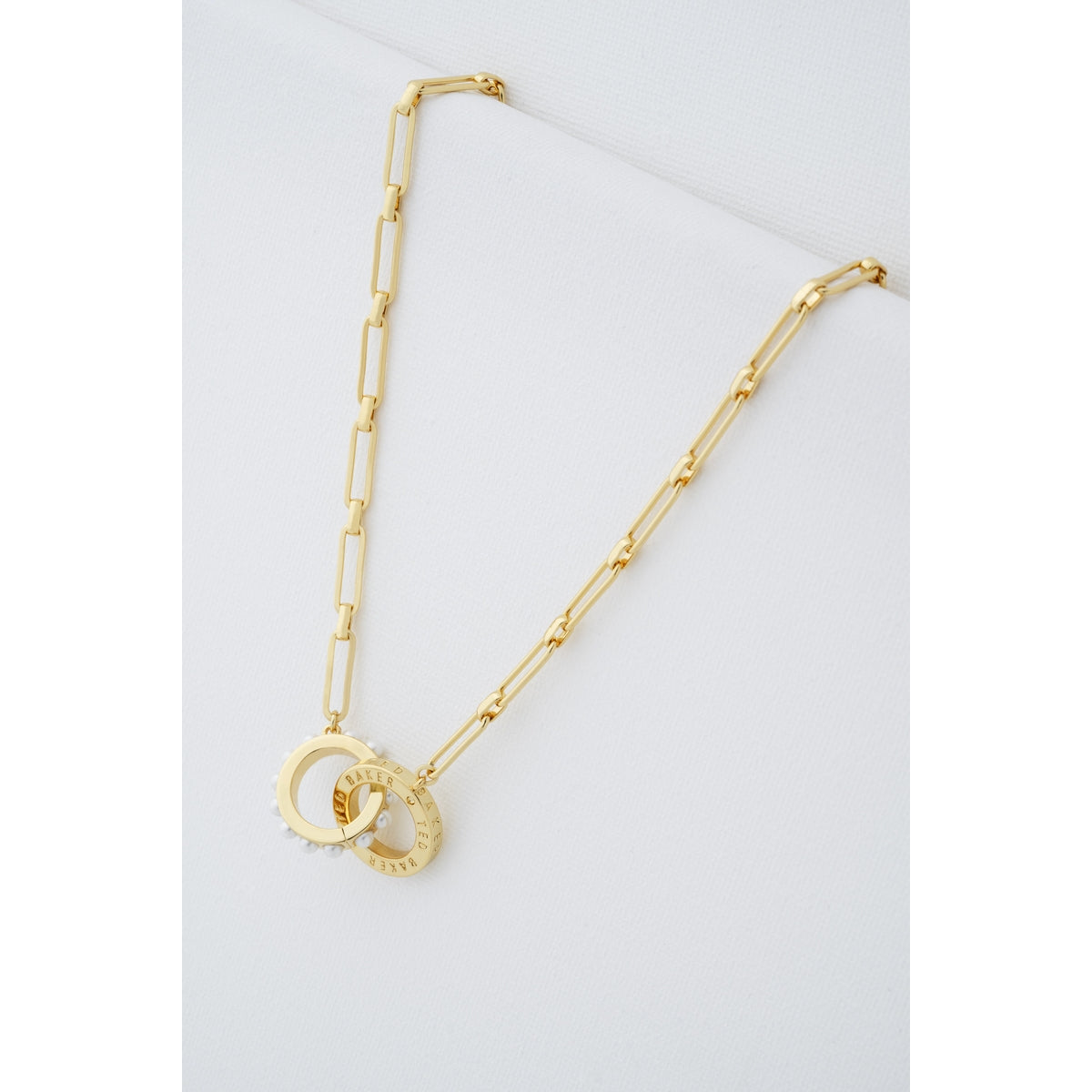 ted baker lola: double logo link necklace gold tone white pearl