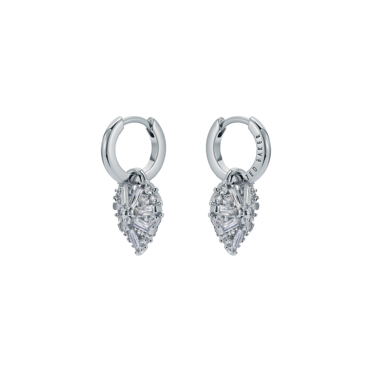ted baker cherise: crystal cluster heart huggie drop earrings silver tone