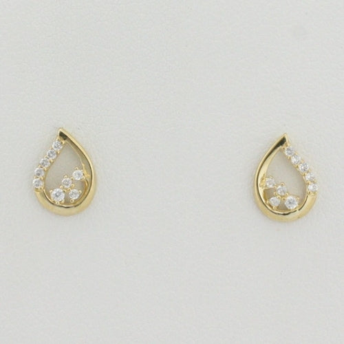 9k yellow gold open tear drop stud earrings with white cz